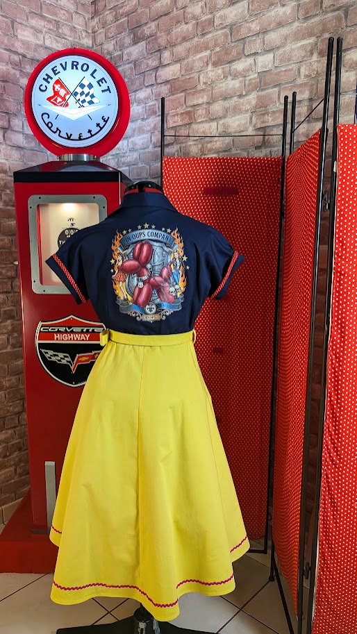 robe pin up retro de couleur bleu et jaune